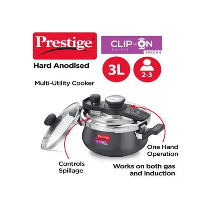 Prestige Clip-on Mini Svachh Hard Anodised Spillage Control Pressure Cooker with Glass Lid 3 Litres - 20238