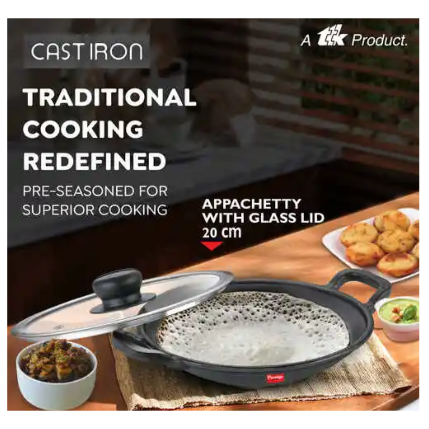 Prestige Cast iron Appachetty | Appam Pan 20cms | With Glass Lid - 30564