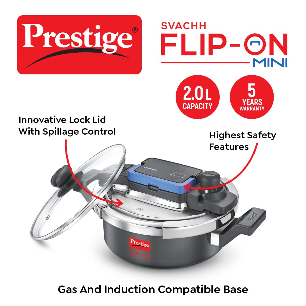 Prestige 2 Litres Svachh FLIP-ON Mini Hard Anodised Pressure Cooker with glass lid | Innovative lock lid with spillage control Induction compatible| 5 years warranty | Black - 20167