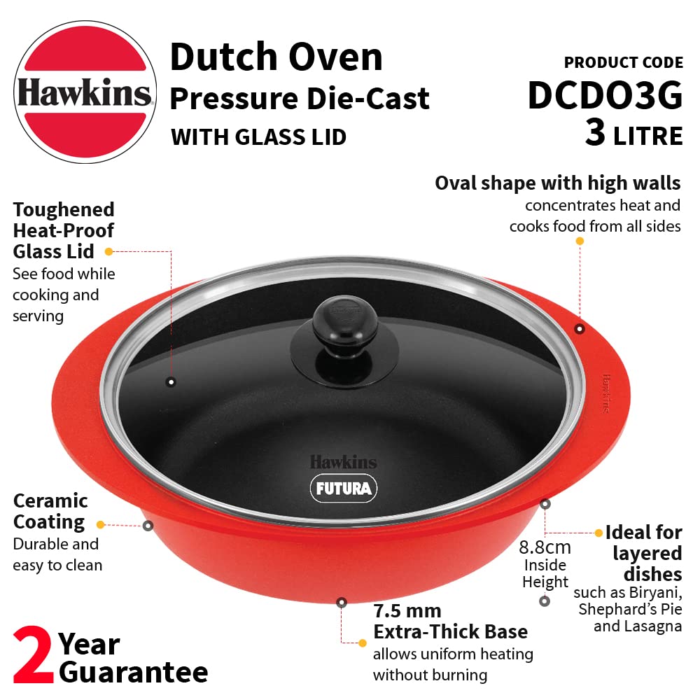 Hawkins Die-cast Nonstick Dutch Oven | Biryani Pot | Cooking Pot With Glass Lid 3 Litres, Red - DCDO3