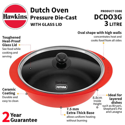 Hawkins Die-cast Nonstick Dutch Oven | Biryani Pot | Cooking Pot With Glass Lid 3 Litres, Red - DCDO3