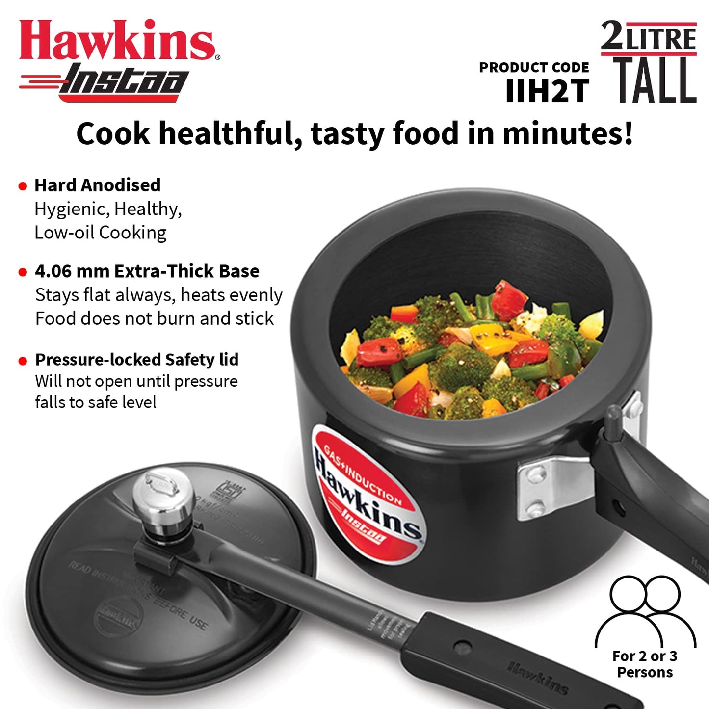 Hawkins Instaa 2 Litres Hard Anodised Pressure Cooker, Induction Base Inner Lid Cooker, Black - IIH2T