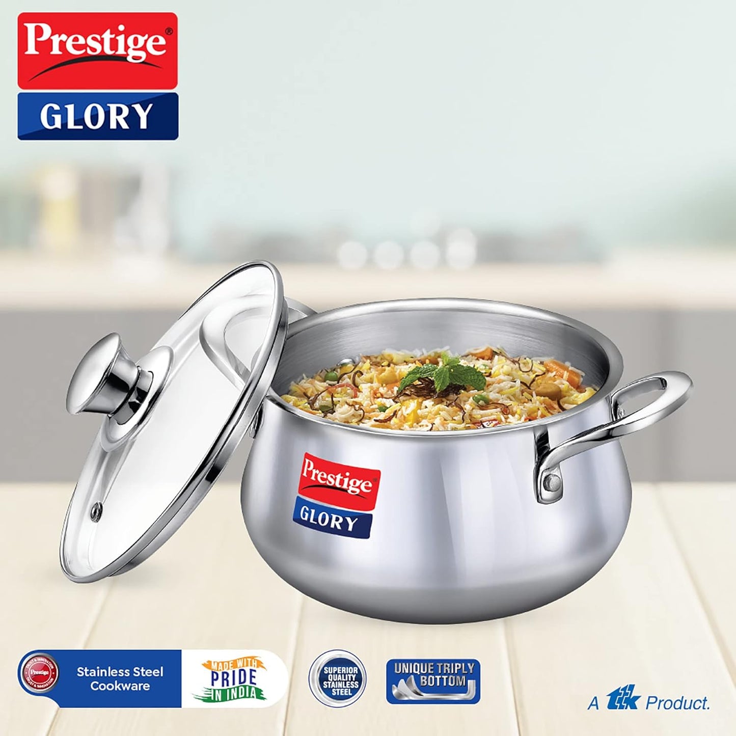 Prestige Glory Stainless Steel Handi (18cms, 3Litres) with Glass Lid | Unique Tri-ply bottom| Oven (OTG safe) - 37523