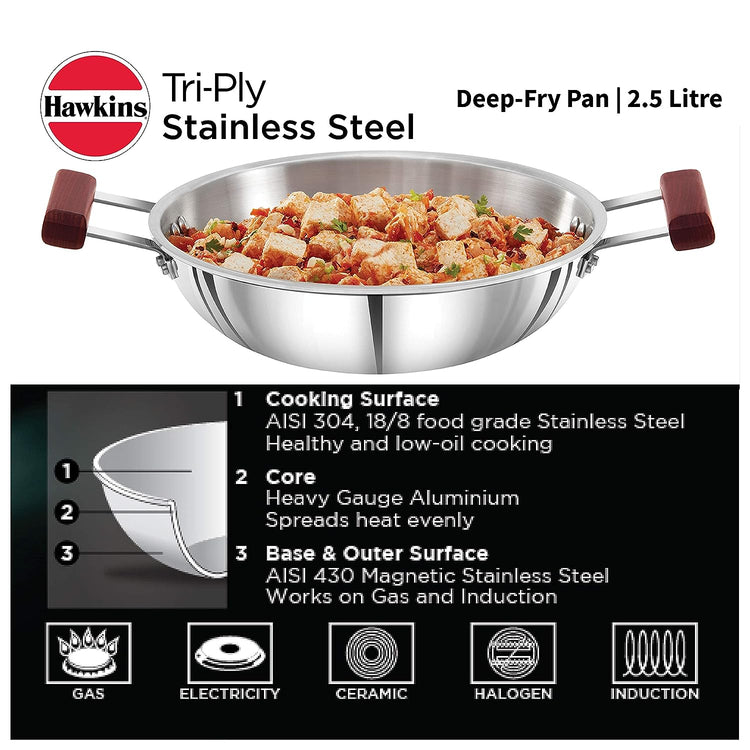Hawkins Triply Stainless Steel Deep Fry Pan | Kadhai 2.5 Litres | 26cms, Flat Bottom Induction Base - SSD 25