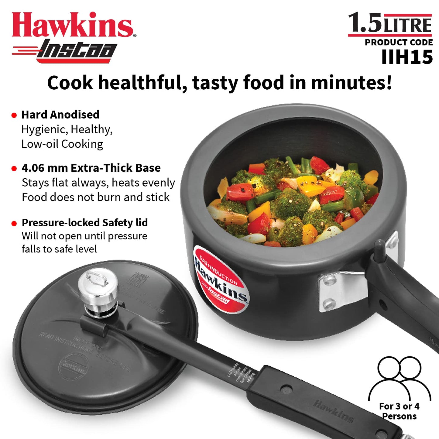 Hawkins Instaa 1.5 Litres Hard Anodised Pressure Cooker, Induction Base Inner Lid Cooker, Black - IIH15