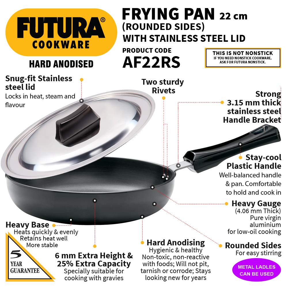 Hawkins Futura Hard Anodised Fry Pan, Rounded Sides With Stainless Steel Lid 22 cms | 4.06mm - AF 22RS