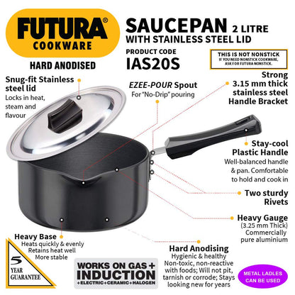 Hawkins Futura Hard Anodised Sauce Pan With Stainless Steel Lid 2 Litres | 18cm, 3.25mm, Induction Base - IAS 20S