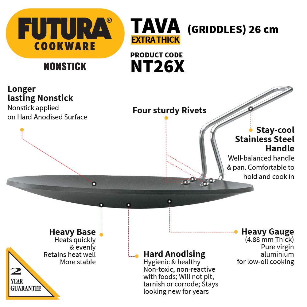 Hawkins Futura Non-stick Extra Thick Tava With Stainless Steel Handle 26cms, 4.88 mm - NT 26X