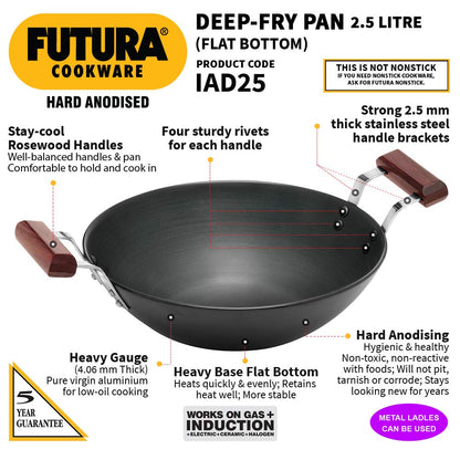 Hawkins Futura Hard Anodised Flat Bottom Induction Compatible Deep Fry Pan 2.5 Litres | 26 cms, 4.06mm - IAD 25