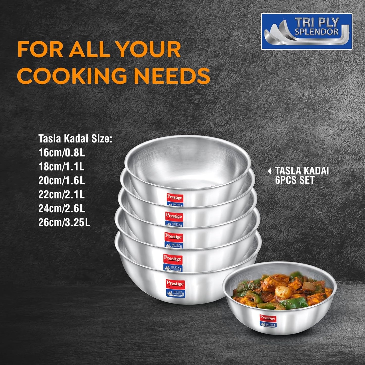 Prestige 6 PCS Triply Tasla Kadai Set | Gas & Induction Compatible| 304 Food Grade Stainless Steel - 38263