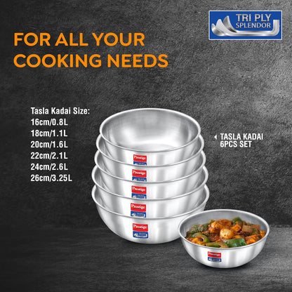 Prestige 6 PCS Triply Tasla Kadai Set | Gas & Induction Compatible| 304 Food Grade Stainless Steel - 38263