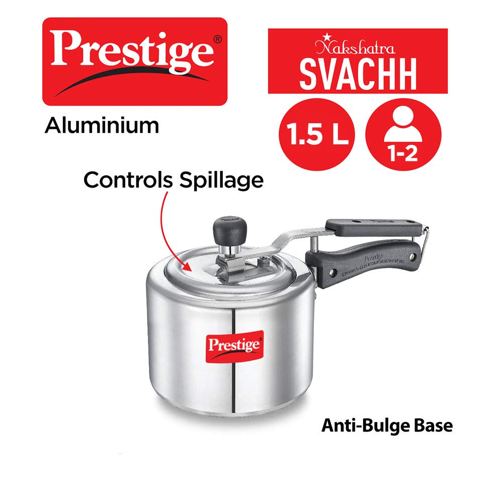 Prestige Nakshatra Svachh 1.5 Litres, Straight Wall Aluminium Inner Lid Pressure Cooker, with Deep Lid for Spillage Control - 10738