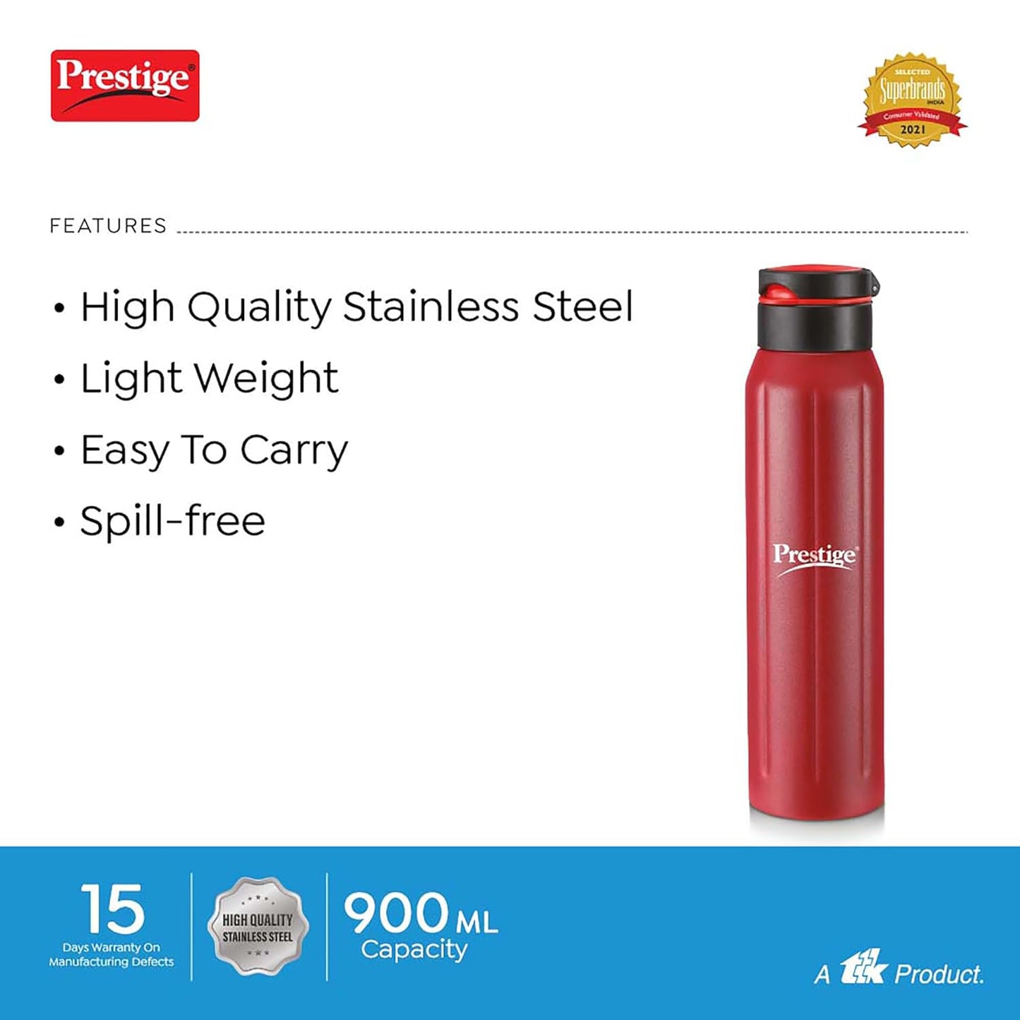 Prestige PSSB 05 SS Single Walled Stainless Steel Water Bottle 900ml, Red