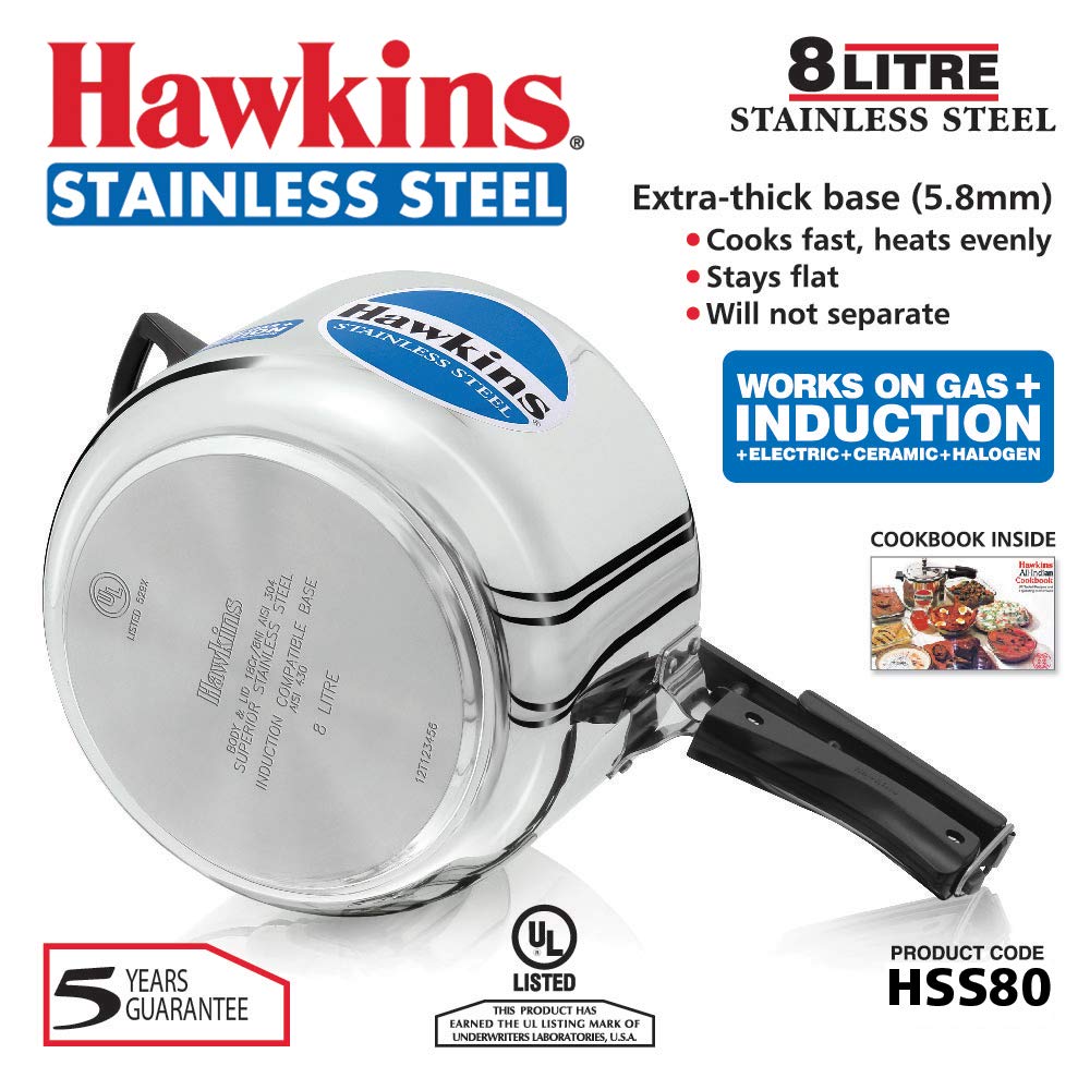 Hawkins Stainless Steel Induction Compatible Inner Lid Pressure Cooker, 8 Litres Wide - HSS80