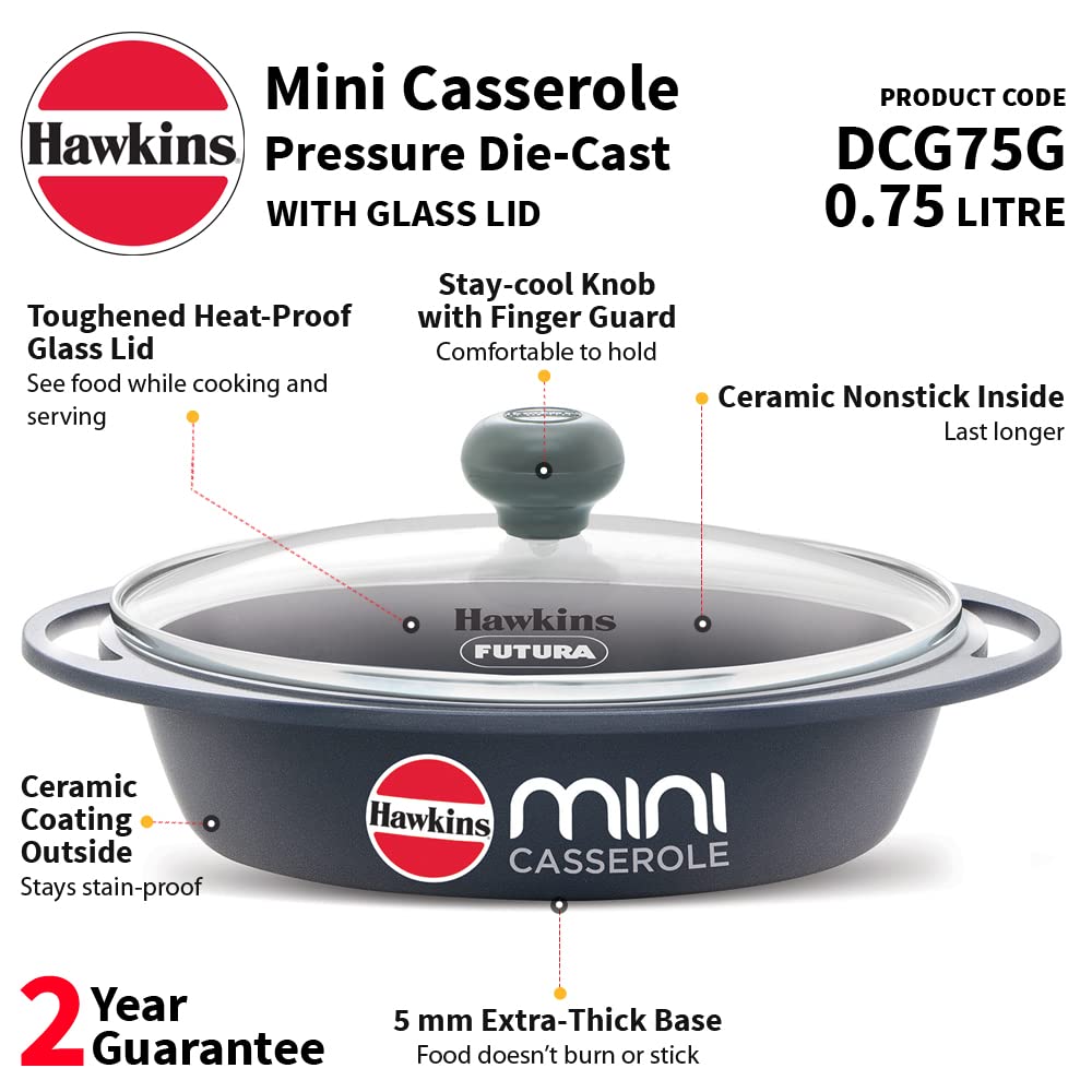 Hawkins Die-Cast Mini Casserole With Glass Lid 0.75 Litres, Oval Shaped Die-Cast pan for Cooking, Reheating, Serving and Storing, Grey - DCG75G