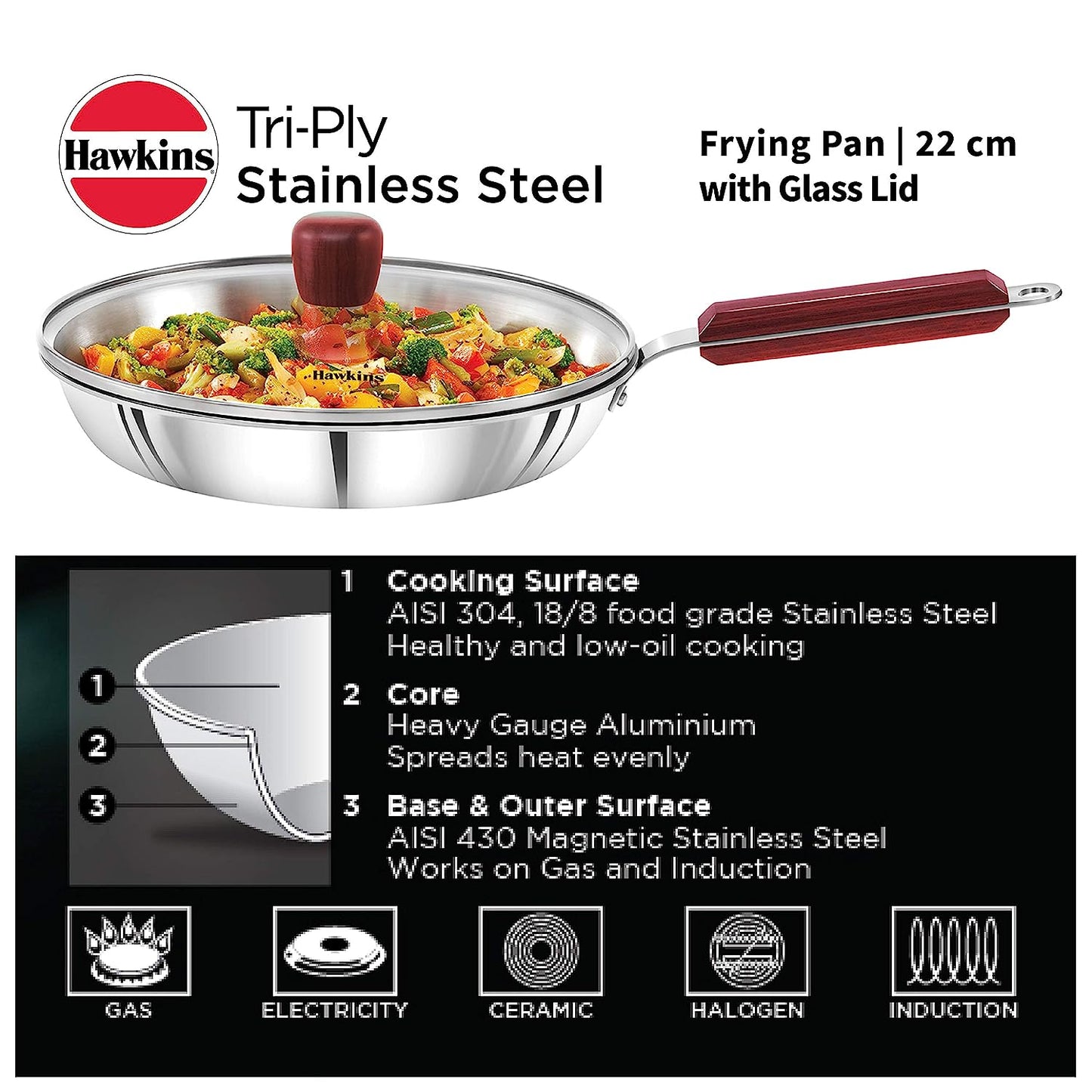 Hawkins Triply Stainless Steel Induction Base Fry Pan With Glass Lid 22cm - SSF 22G