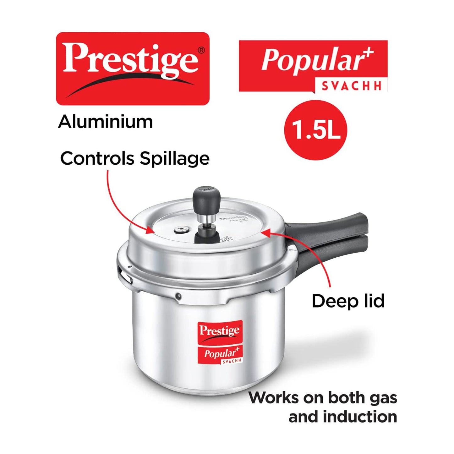 Prestige Popular Plus Svachh Virgin Aluminium Gas and Induction Compatible Outer Lid Pressure Cooker 1.5 Litres - 10168