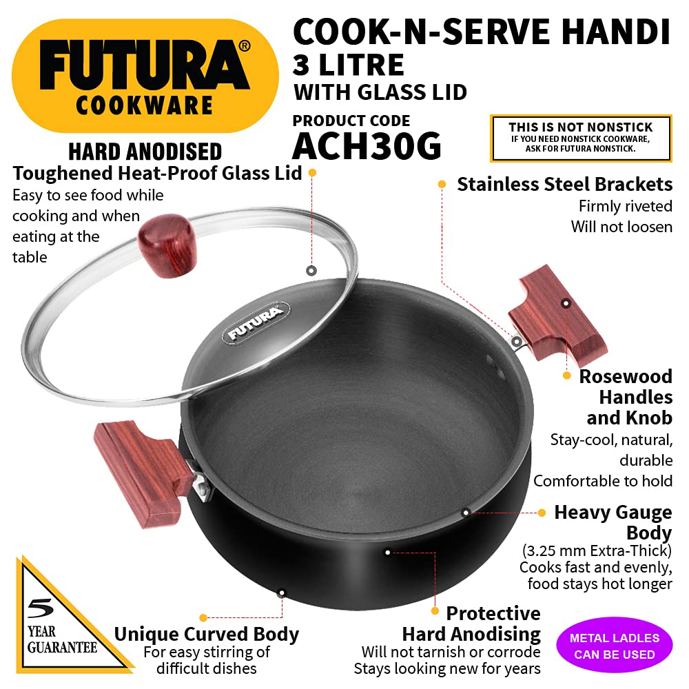 Hawkins Futura Hard Anodised Cook n Serve Handi With Glass Lid 3 Litres | 22cm, 3.25mm - ACH 30G
