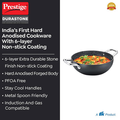 Prestige Durastone Hard Anodised Non-Stick Deep Kadai with Glass Lid | 6 layers extra durable stone finish | No harmful chemicals | Induction compatible | SS Stay cool handles