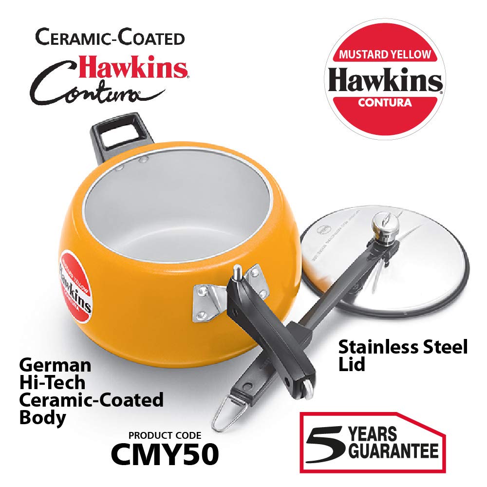 Hawkins Ceramic- Coated Contura 5 Litres Mustard Yellow Aluminium Inner Lid Pressure Cooker - CMY50