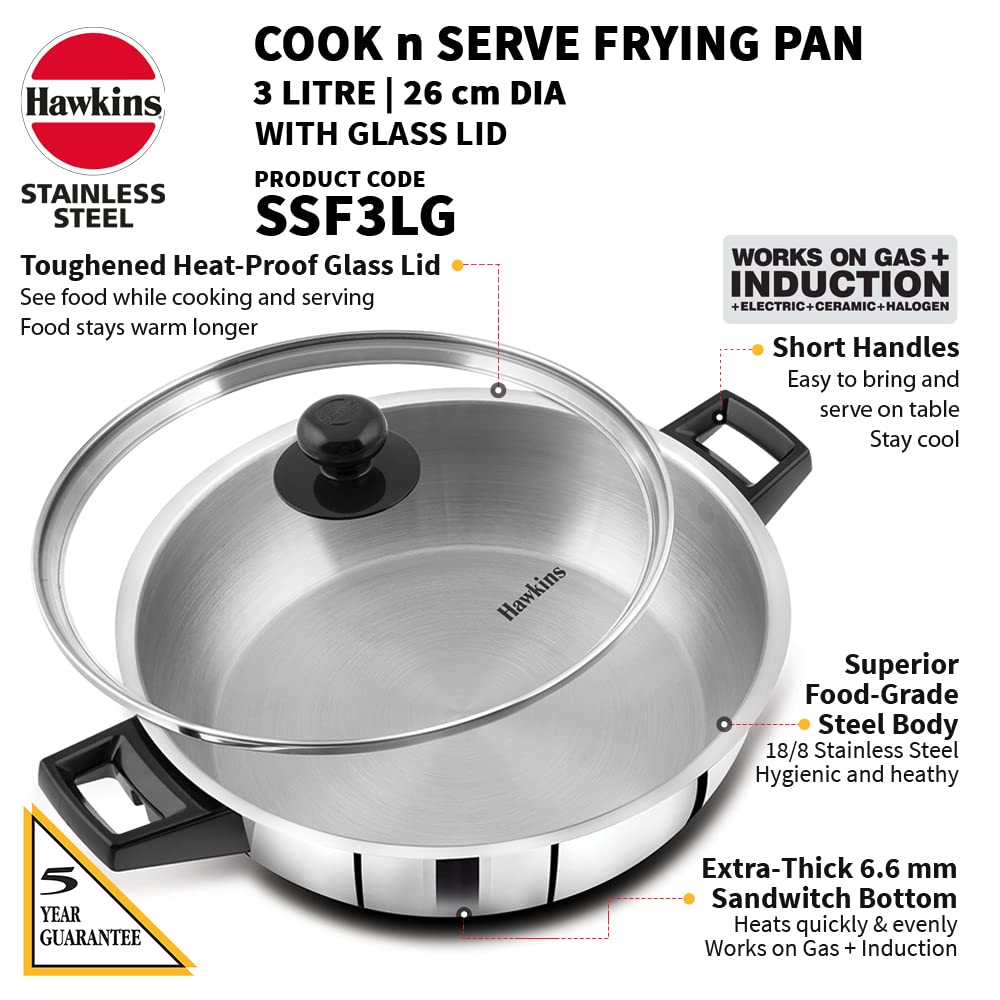 Hawkins Stainless Steel Sandwich Bottom Cook n Serve Frying Pan With Glass Lid 3 Litres | 26cm - SSF3LG