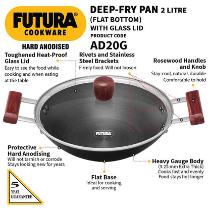 Hawkins Futura Hard Anodised Flat Bottom Deep Fry Pan With Glass Lid 2 Litres | 26 cms, 3.25mm - AD 20G