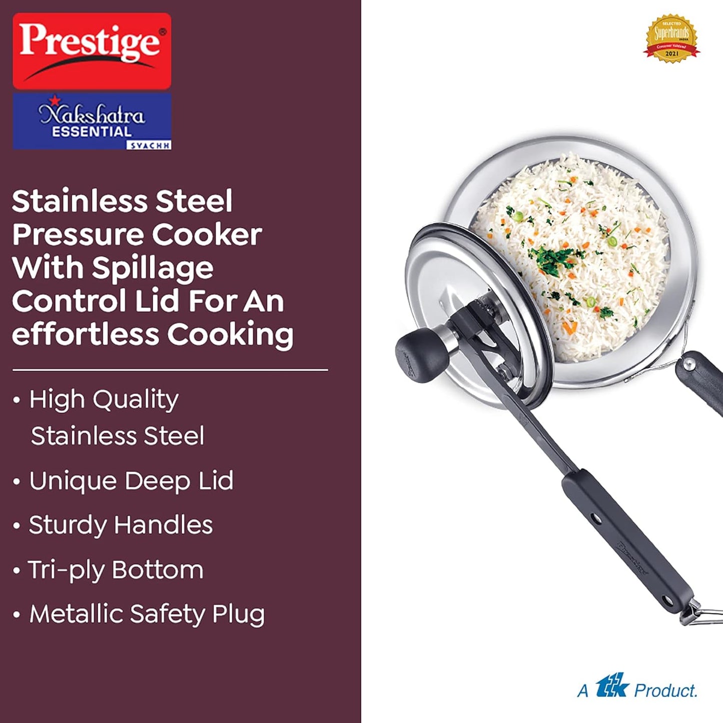 Prestige Nakshatra Essential Svachh Stainless Steel Pressure Cookers 5 Litres, Silver, Tri-Ply Bottom, Inner Lid - 20538