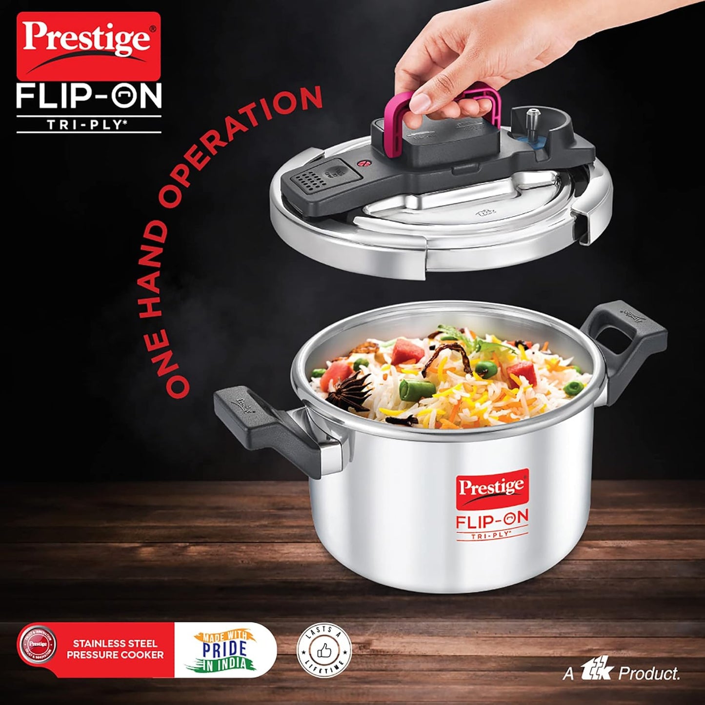 Prestige FLIP-ON TRI-PLY Stainless Steel Pressure Cooker with Glass Lid 18cm (3 Litres, Innovative Lock Lid with Spillage Control) - 20711