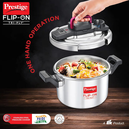 Prestige FLIP-ON TRI-PLY Stainless Steel Pressure Cooker with Glass Lid 18cm (3 Litres, Innovative Lock Lid with Spillage Control) - 20711