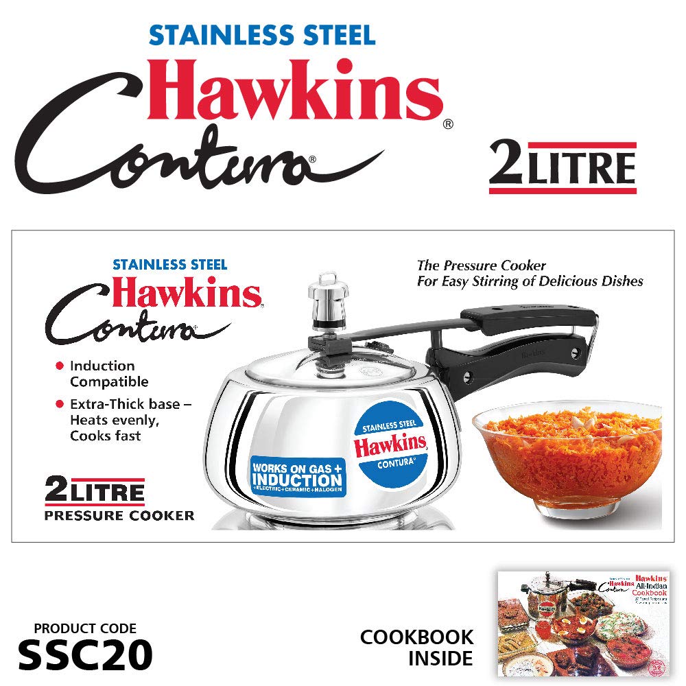 Hawkins Stainless Steel Contura Induction Compatible Inner Lid Pressure Cooker, 2 Litres - SSC20