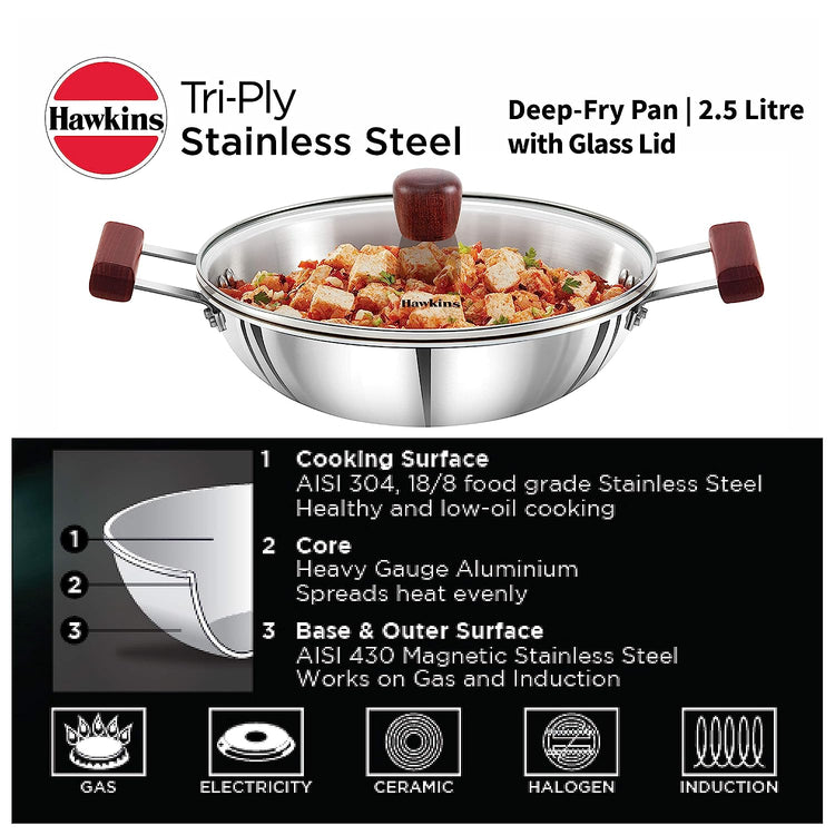 Hawkins Triply Stainless Steel Deep Fry Pan | Kadhai With Glass Lid 2.5 Litres | 26cms, Flat Bottom Induction Base - SSD 25G