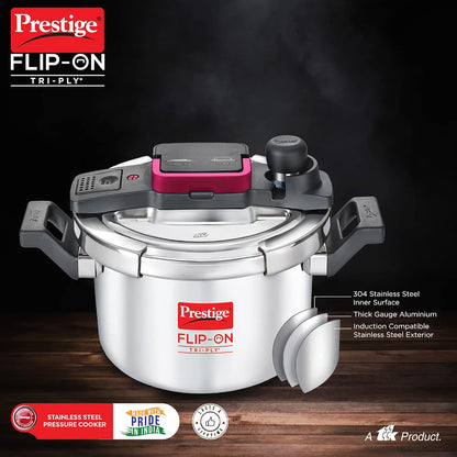 Prestige FLIP-ON TRI-PLY Stainless Steel Pressure Cooker with Glass Lid 18cm (3 Litres, Innovative Lock Lid with Spillage Control) - 20711