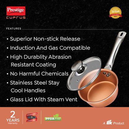 Prestige Cuprus Aluminium Gas and Induction Compatible Non-Stick Sauce Pan with Glass Lid, 16 cm, 1.1 Litres (Copper) - 37482