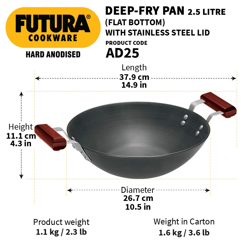 Hawkins Futura Hard Anodised Flat Bottom Deep Fry Pan 2.5 Litres | 26 cms, 4.06mm - AD 25