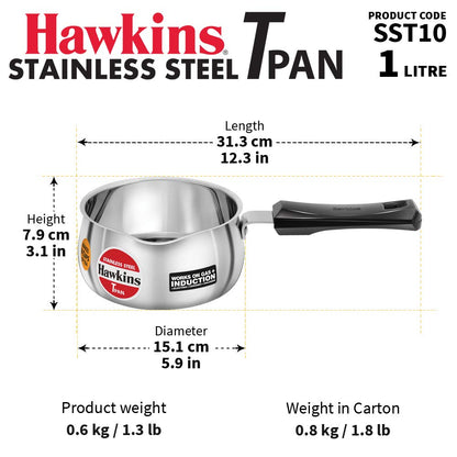 Hawkins 1 Litre Tpan, Stainless Steel Tea Pan, Induction Base Sauce Pan, Chai Pan, Small Pan - SST10