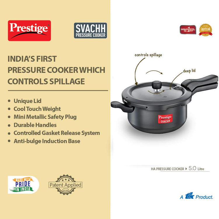 Prestige Svachh 5 Litres Senior Pressure Pan, with deep lid for Spillage Control, Outer Lid, Hard Anodised Aluminium - 20278