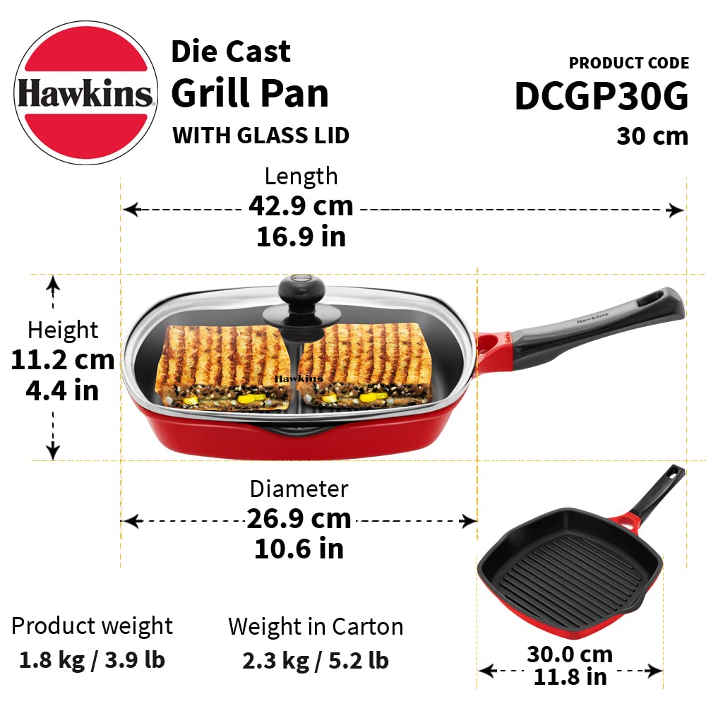 Hawkins Die-Cast Nonstick Grill Pan With Glass Lid 30cms - DCGP 30G