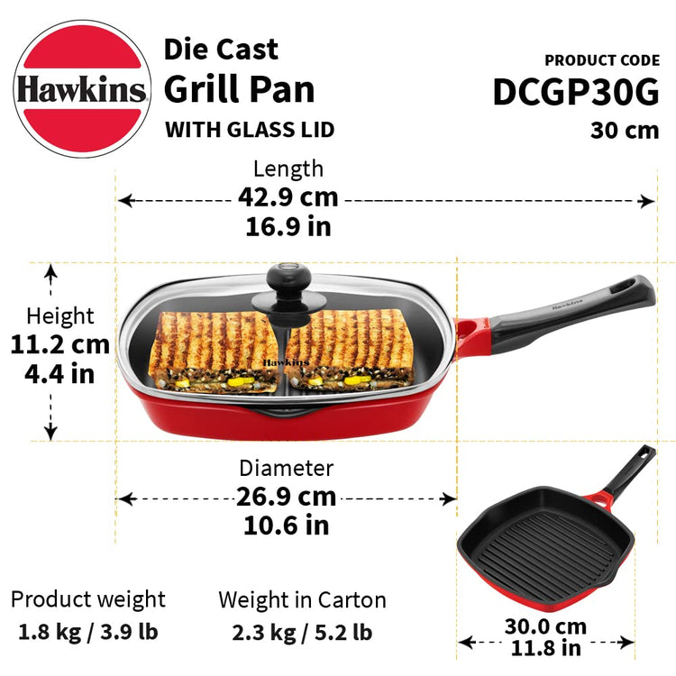 Hawkins Die-Cast Nonstick Grill Pan With Glass Lid 30cms - DCGP 30G