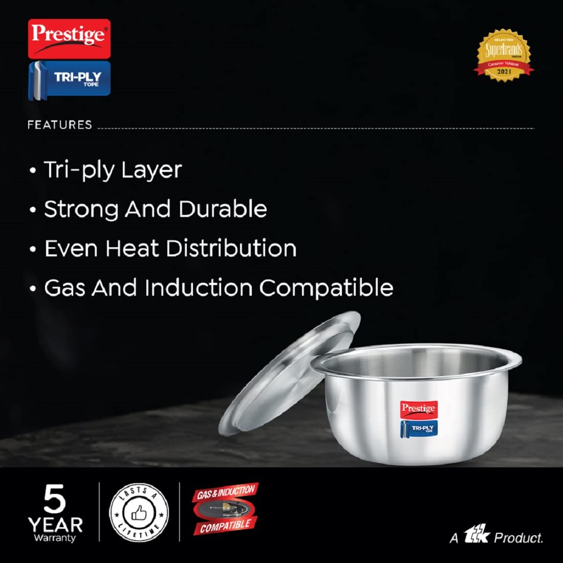 Prestige Tri-ply Stainless Steel Induction Base Tope with Lid 140mm | 1 Litre - 37467