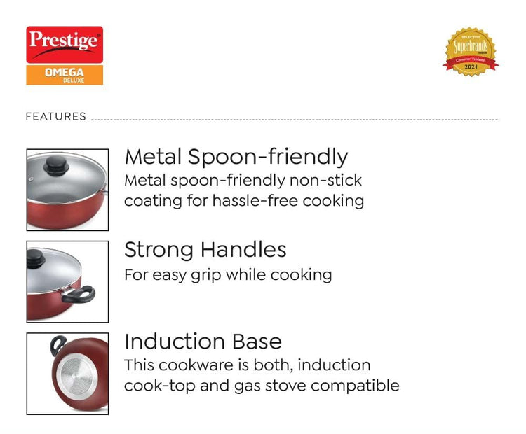 Prestige Omega Deluxe Induction Base Non-Stick Aluminium Deep Kadhai With Glass Lid, Red 300mm | 6 Litres - 36727