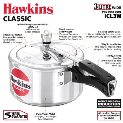 Hawkins Classic 3 Litres Wide Induction Base Aluminium Inner Lid Pressure Cooker - ICL3W