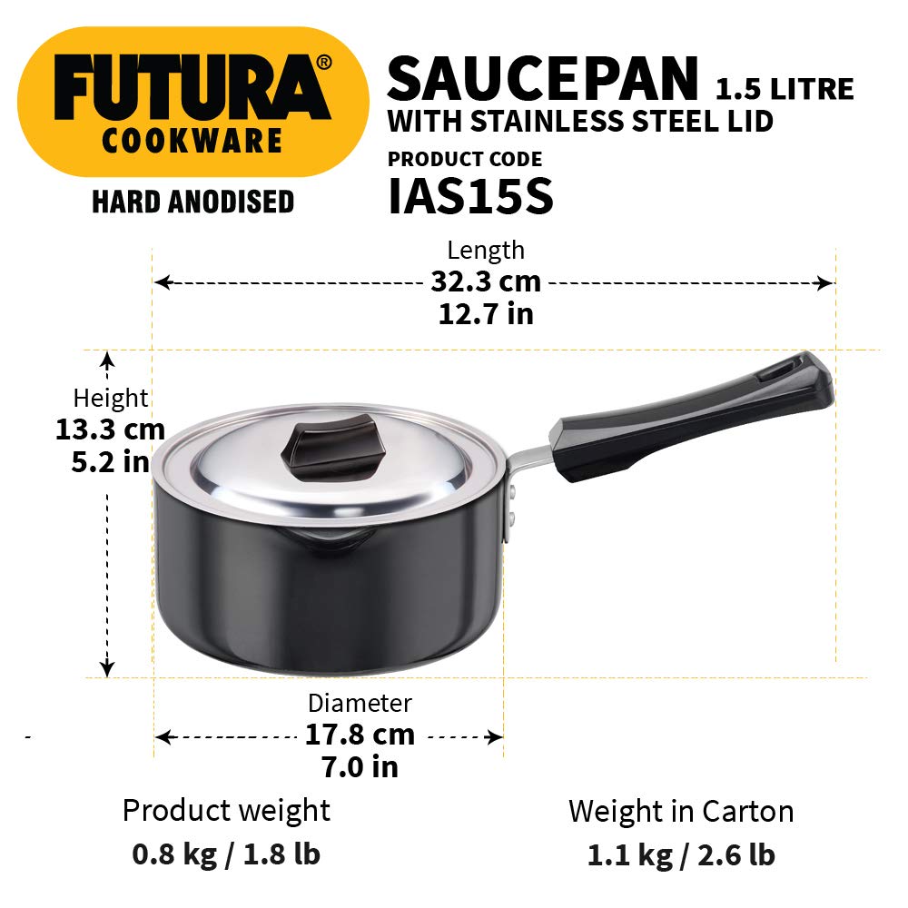 Hawkins Futura Hard Anodised Sauce Pan With Stainless Steel Lid 1.5 Litres | 16cm, 3.25mm, Induction Base - IAS 15S