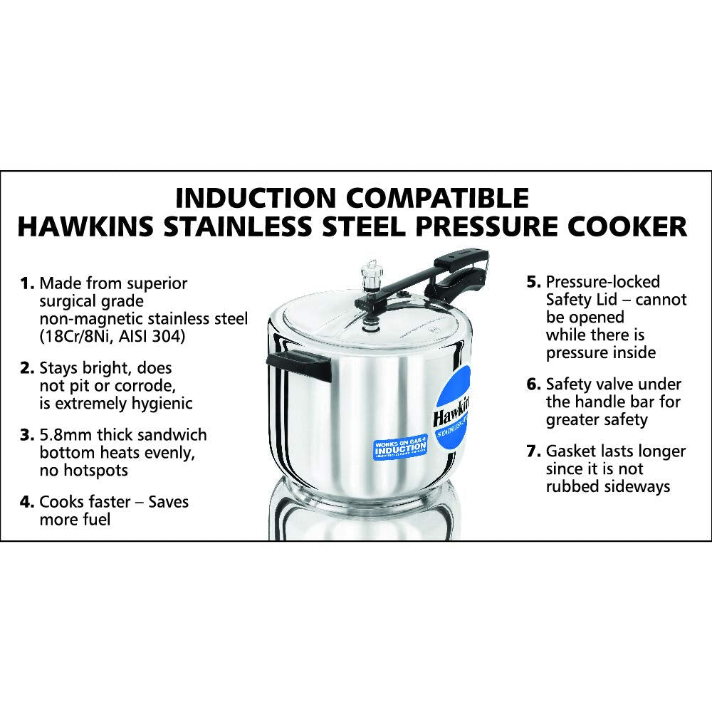 Hawkins Stainless Steel Induction Compatible Inner Lid Pressure Cooker, 10 Litres - HSS10