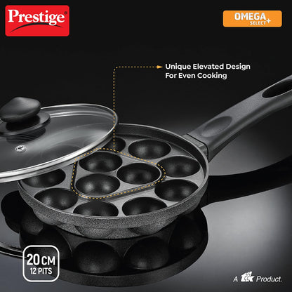 Prestige Omega Select Plus Non Stick Paniyarakkal | Paniyaram Pan with Lid 20cms | 12 Pits - 30348