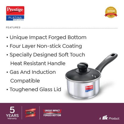 Prestige Platina Non-stick Stainless Steel Unique Impact Forged Bottom Sauce Pan with Glass Lid 180mm - 36228