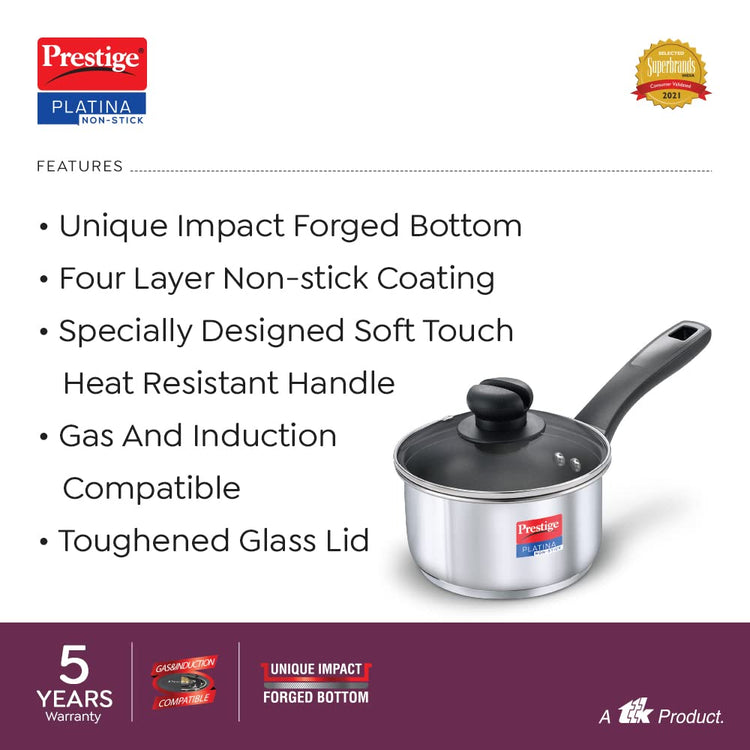 Prestige Platina Non-stick Stainless Steel Unique Impact Forged Bottom Sauce Pan with Glass Lid 180mm - 36228