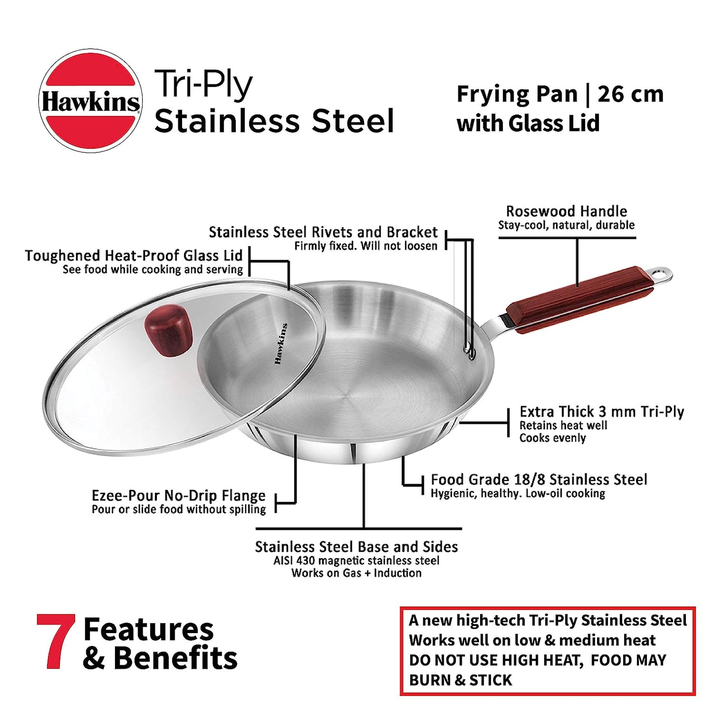 Hawkins Triply Stainless Steel Induction Base Fry Pan With Glass Lid 26cm - SSF 26G