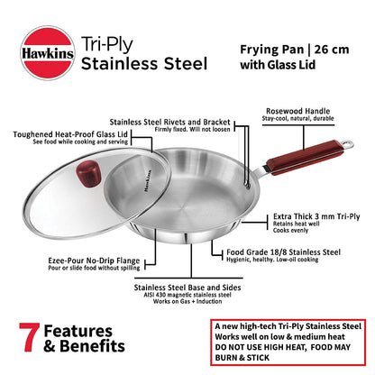 Hawkins Triply Stainless Steel Induction Base Fry Pan With Glass Lid 26cm - SSF 26G