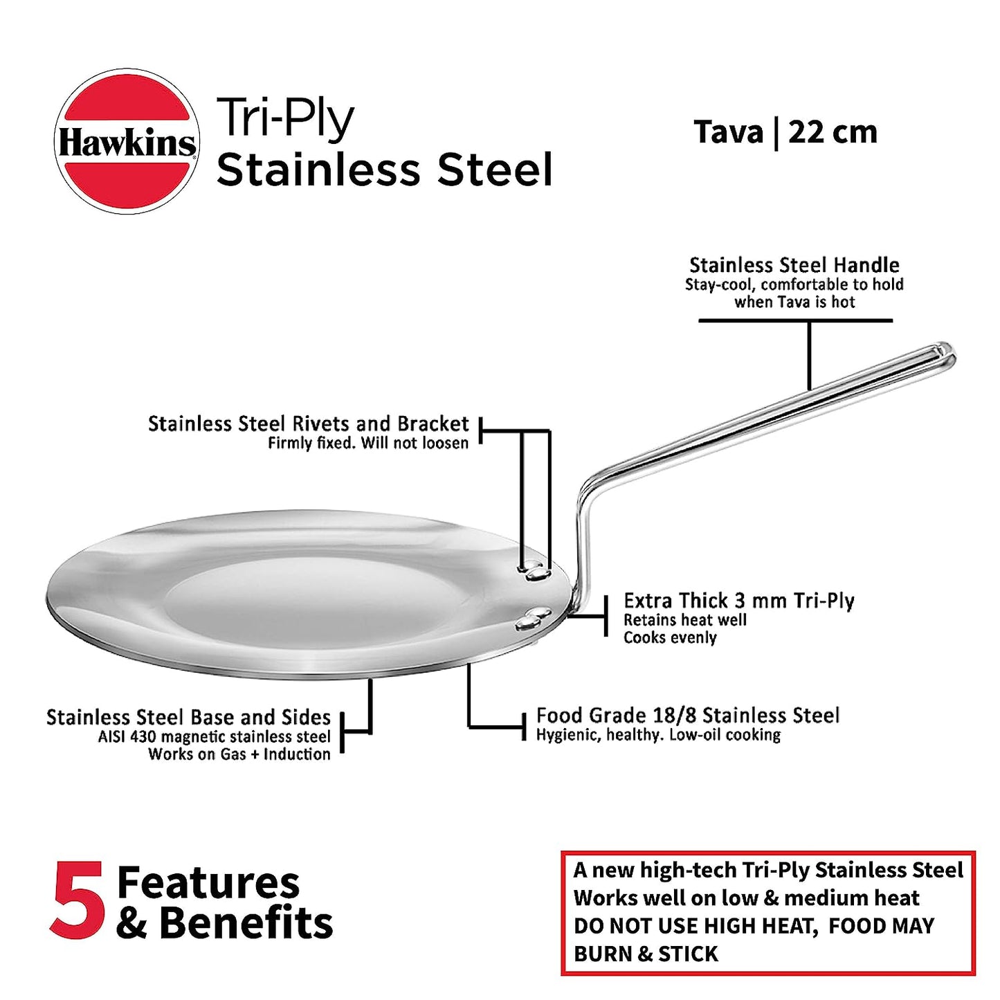 Hawkins Tri-Ply Stainless Steel Tava 22 cm, 3.5mm Induction Compatible - SSTV 22