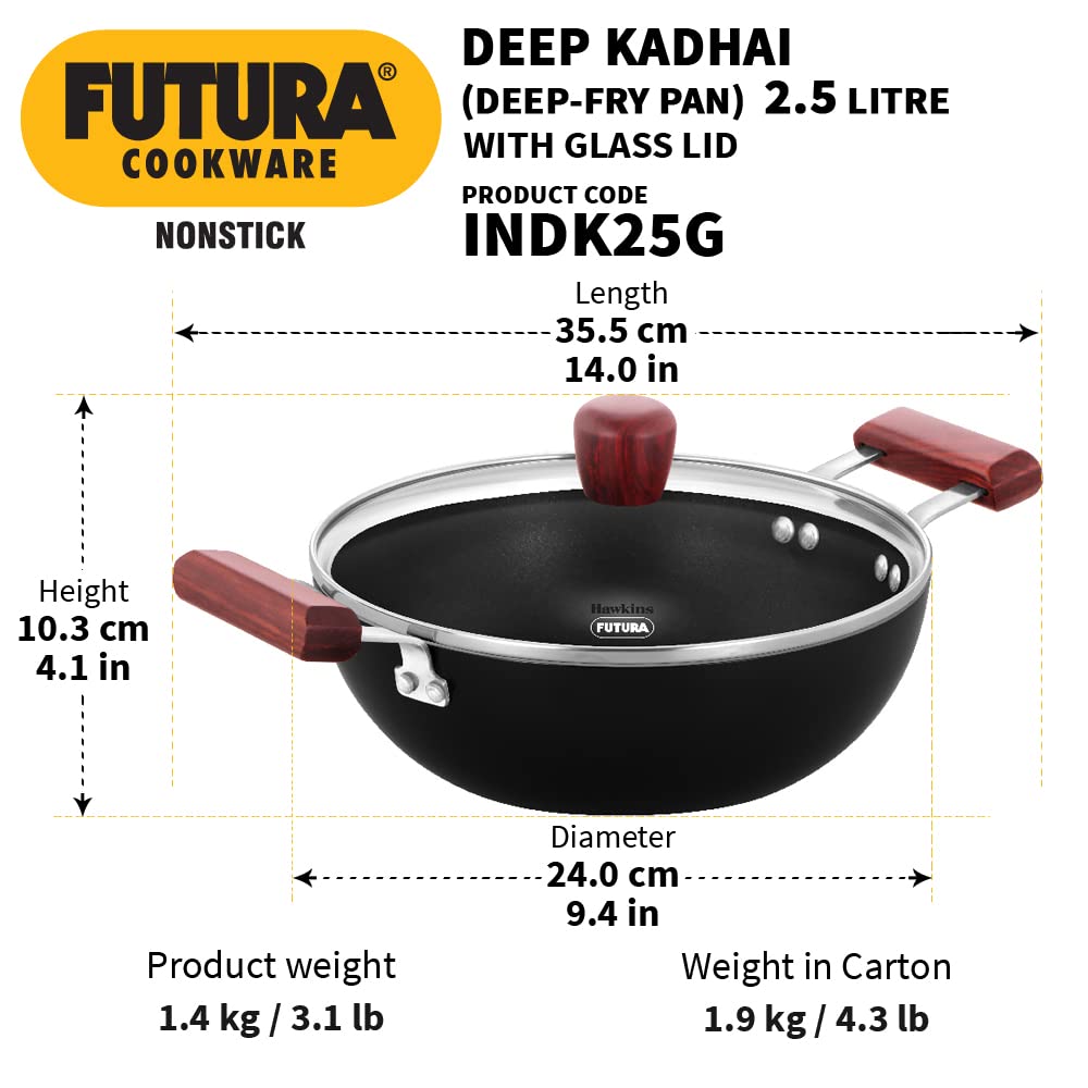 Hawkins Futura Non-stick Flat Bottom Deep Kadhai, Fry Pan With Glass Lid 2.5 Litres | 24 cms, 3.25mm, Induction Base - INDK 25G